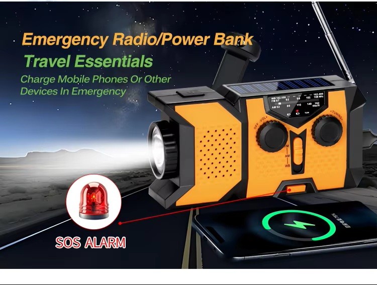 AM/FM/NOAA Nødradio med lygte, powerbank, solcelle og håndsving